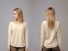 Woman wearing a beige T-shirt with long sleeves. Front and back view. ai generated photo