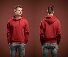 Front and back view of a red hoodie mockup for design print. ai generated photo