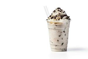 Cookies and cream milkshake in a takeaway cup isolated on white background with copy space. ai generated photo