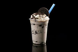 Cookies and cream milkshake in a takeaway cup isolated on dark background. ai generated photo