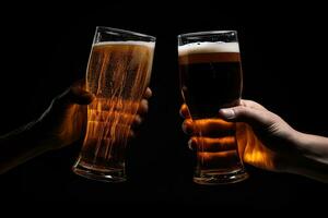 Hands toasting with glasses of beer isolated on black background. ai generated photo