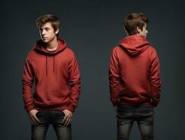 Front and back view of a red hoodie mockup for design print. ai generated photo