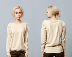 Woman wearing a beige T-shirt with long sleeves. Front and back view. ai generated photo