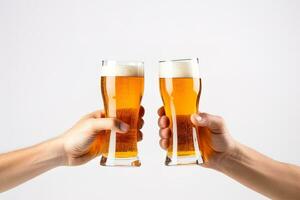 Hands toasting with glasses of beer isolated on white background. ai generated photo