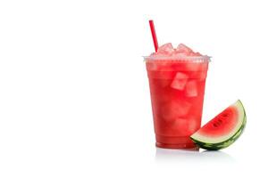watermelon smoothie in take away cup with watermelon sliced isolated on white background with copy space. ai generated photo