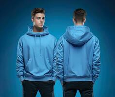 Front and back view of a blue hoodie mockup for design print. ai generated photo