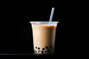 milk tea white bubble on plastic cup, isolated on dark background, side view. ai generated photo