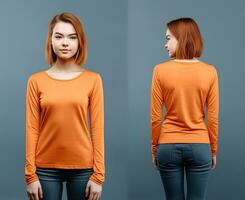 Woman wearing an orange T-shirt with long sleeves. Front and back view. ai generated photo