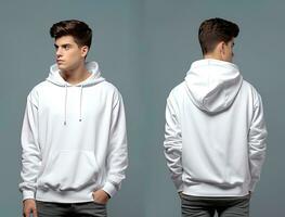 Front and back view of a white hoodie mockup for design print. ai generated photo