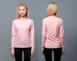 Woman wearing a pink T-shirt with long sleeves. Front and back view photo