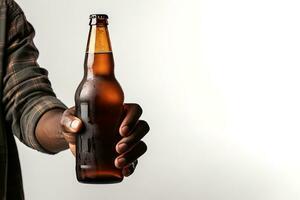 a male hand holding up a bottle of beer isolated on a white background with copy space. ai generated photo