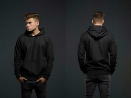 Front and back view of a black hoodie mockup for design print. ai generated photo