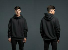 Front and back view of a black hoodie mockup for design print. ai generated photo