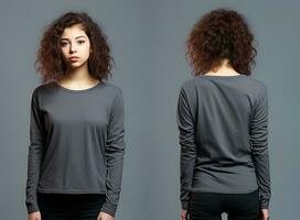 Woman wearing a grey T-shirt with long sleeves. Front and back view. ai generated photo