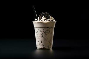 Cookies and cream milkshake in a takeaway cup isolated on dark background. ai generated photo