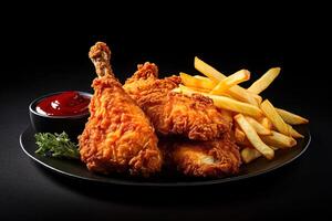 Fast food fried crispy chicken and french fries potatoes with ketchup sauce isolated on dark background. photo