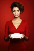 Young beautiful stylish woman holding an empty plate or dish isolated on red background. ai generated photo