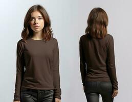 Woman wearing a brown T-shirt with long sleeves. Front and back view. ai generated photo