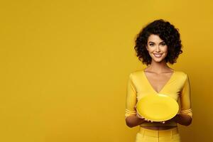 joven hermosa elegante mujer participación un vacío plato o plato aislado en amarillo antecedentes con Copiar espacio. ai generado foto