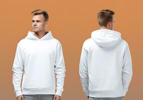 Front and back view of a white hoodie mockup for design print. ai generated photo