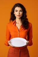 Young beautiful stylish woman holding an empty plate or dish isolated on orange background. ai generated photo