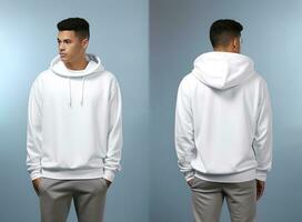 Front and back view of a white hoodie mockup for design print. ai generated photo