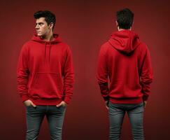 Front and back view of a red hoodie mockup for design print. ai generated photo