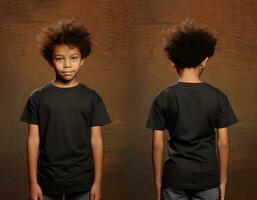 Front and back views of a little boy wearing a black T-shirt. ai generated photo