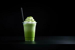 Green tea frappucino with whipped cream in a takeaway cup isolated on dark background. ai generated photo