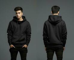 Front and back view of a black hoodie mockup for design print. ai generated photo