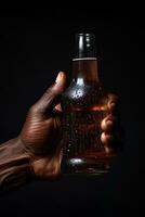 a male hand holding up a bottle of beer isolated on a black background. ai generated photo