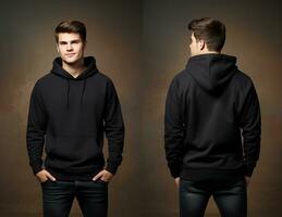 Front and back view of a black hoodie mockup for design print. ai generated photo