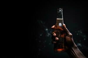 a male hand holding up a bottle of beer isolated on a black background with copy space. ai generated photo