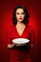 Young beautiful stylish woman holding an empty plate or dish isolated on red background. ai generated photo