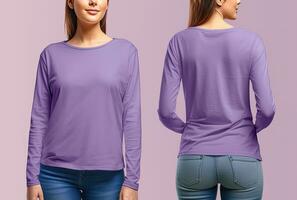 Woman wearing a purple T-shirt with long sleeves. Front and back view. ai generated photo