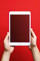 Hand holding tablet with mockup blank screen isolated on red background. ai generated photo
