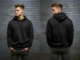 Front and back view of a black hoodie mockup for design print. ai generated photo