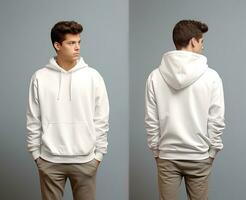 Front and back view of a white hoodie mockup for design print. ai generated photo