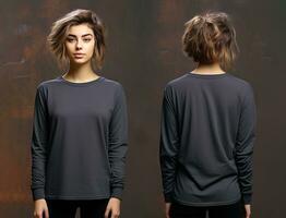 Woman wearing a grey T-shirt with long sleeves. Front and back view. ai generated photo