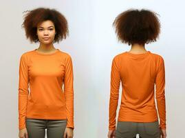 Woman wearing an orange T-shirt with long sleeves. Front and back view. ai generated photo