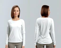 Woman wearing a white T-shirt with long sleeves. Front and back view. ai generated photo