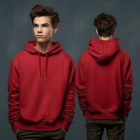 Front and back view of a red hoodie mockup for design print. ai generated photo