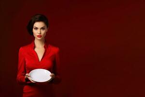 joven hermosa elegante mujer participación un vacío plato o plato aislado en rojo antecedentes con Copiar espacio. ai generado foto