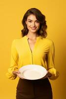 Young beautiful stylish woman holding an empty plate or dish isolated on yellow background. ai generated photo