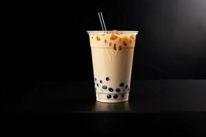 milk tea white bubble on plastic cup, isolated on dark background, side view. ai generated photo
