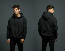 Front and back view of a black hoodie mockup for design print. ai generated photo