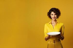 joven hermosa elegante mujer participación un vacío plato o plato aislado en amarillo antecedentes con Copiar espacio. ai generado foto