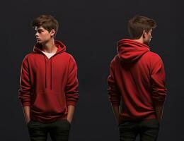 Front and back view of a red hoodie mockup for design print. ai generated photo