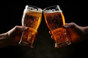 Hands toasting with glasses of beer isolated on black background. ai generated photo