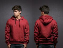 Front and back view of a red hoodie mockup for design print. ai generated photo